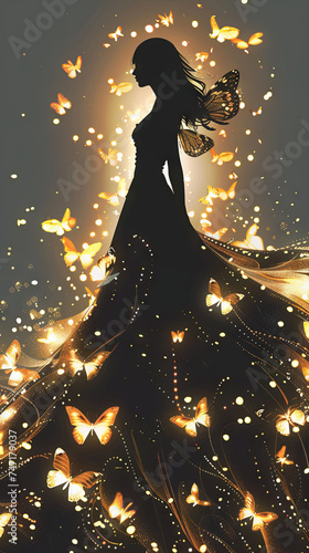 Silhouette of a girl decorated with luminous butterflies, symbolizing the arrival of spring, on a golden background.