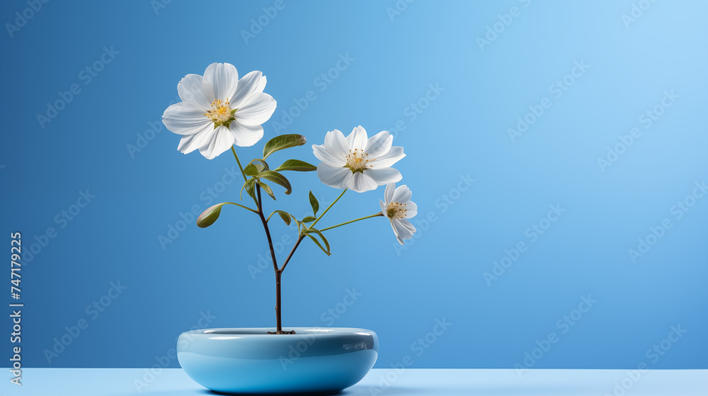 Petite fleur blanche dans un petit bol, sur une table. Arrière-plan bleu. Nature, fleurs, plantes. Espace vide de composition, fond pour conception et création graphique Petite fleur blanche dans un petit bol, sur une table. Arrière-plan bleu. Nature, fleurs, plantes. Espace vide de composition, fond pour conception et création graphique
