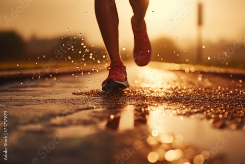 Sport energy. Runners feet in sneakers do splash in dynamic morning run