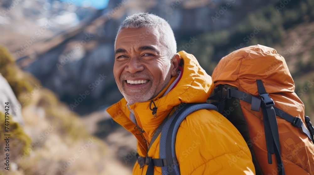 Naklejka premium A cheerful older man with a gray beard and hair wearing a bright yellow jacket and carrying an orange backpack smiling at the camera while standing in a mountainous landscape with a clear blue sky.