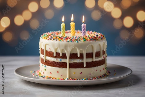 birthday cake with candles on top, bokeh background.