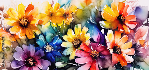 Bright painted flowers background. Generative AI