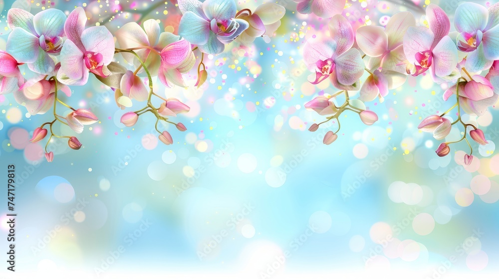 Orchids a stunning bouquet of blossoms in radiant beauty on blurred background with copy space. Orchids a stunning bouquet of blossoms in radiant beauty on blurred background with copy space.