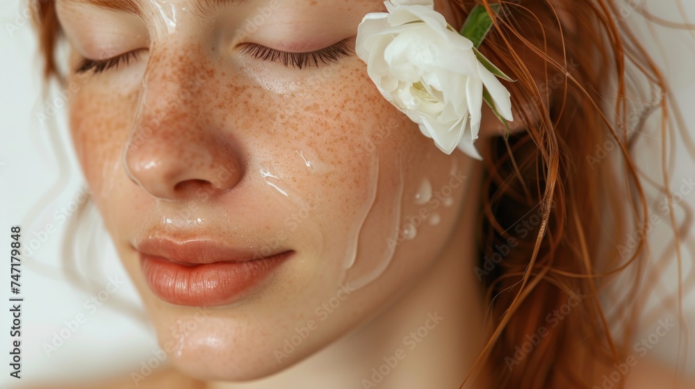 A serene close-up of a woman's face with closed eyes freckles and a single white flower resting on her eyelid with her hair and skin glistening with water droplets. A serene close-up of a woman's face with closed eyes freckles and a single white flower resting on her eyelid with her hair and skin glistening with water droplets.