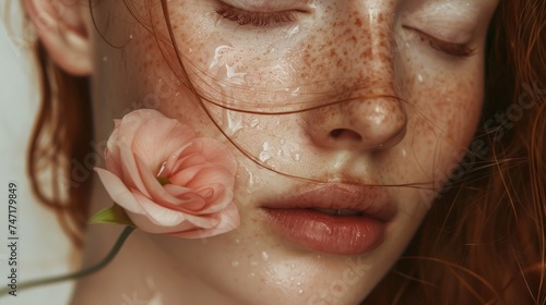 A close-up of a woman s face with closed eyes freckles and a single pink rose petal resting on her closed lips with water droplets on her skin and hair conveying a sense of tranquility and beauty.