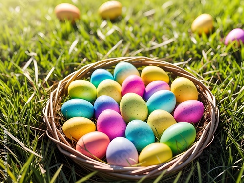 Colorful easter eggs in basket on green grass, closeup