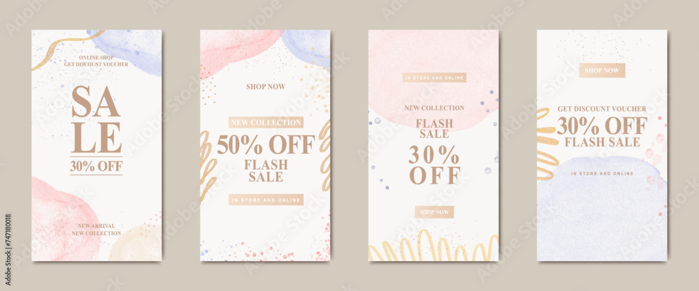 set of pink and blue watercolor artistic social media story template. Suitable for social media posts, cards, invitations, banner and web ads