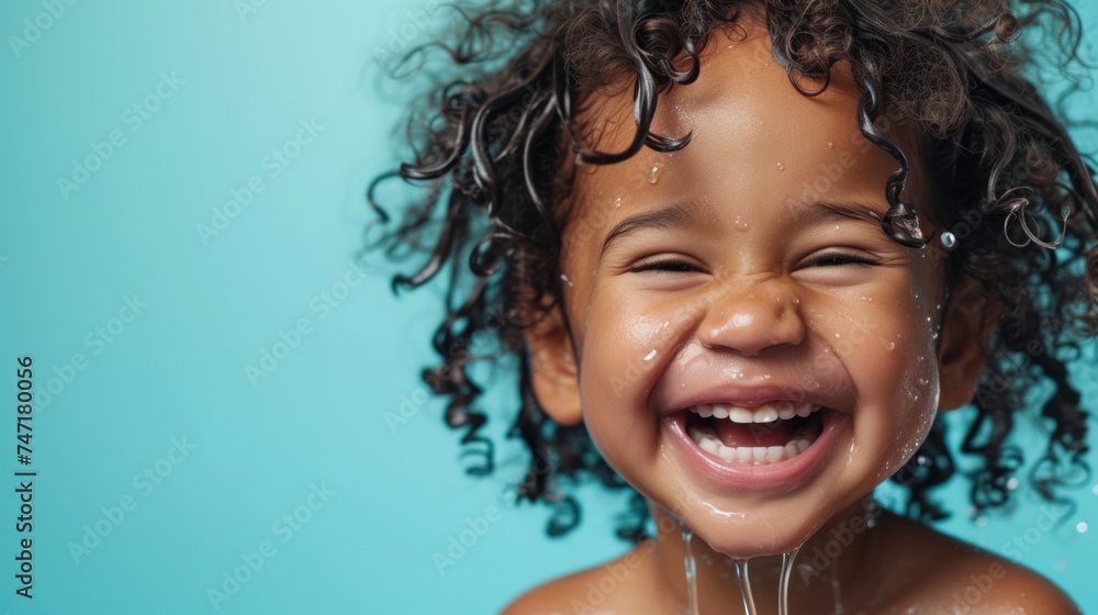 A joyful child with water droplets on their face laughing and smiling broadly with eyes closed against a blue background.