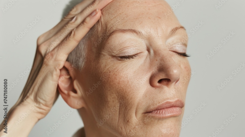 A close-up of a person's face with eyes closed resting hand on head and a serene expression. A close-up of a person's face with eyes closed resting hand on head and a serene expression.