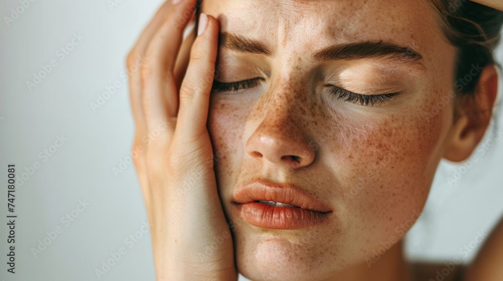 A woman with freckles closed eyes and a hand on her forehead suggesting a moment of deep thought or emotional distress. A woman with freckles closed eyes and a hand on her forehead suggesting a moment of deep thought or emotional distress.