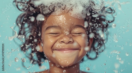 A joyful child with curly hair smiling with eyes closed enjoying a shower with water droplets and bubbles. photo