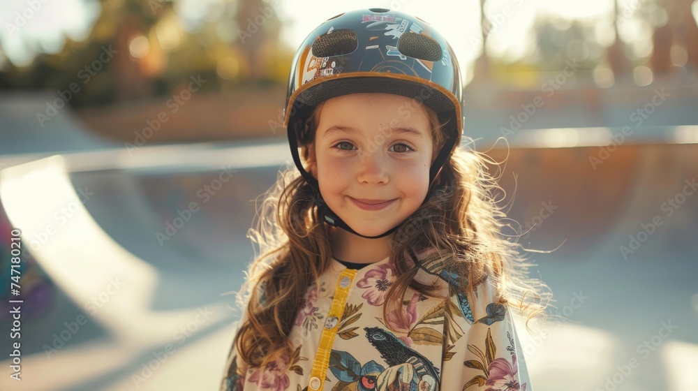 Young girl with long hair wearing a colorful floral shirt and a black helmet with a playful design smiling at the camera standing in a skate park with ramps and a blurred background. Young girl with long hair wearing a colorful floral shirt and a black helmet with a playful design smiling at the camera standing in a skate park with ramps and a blurred background.