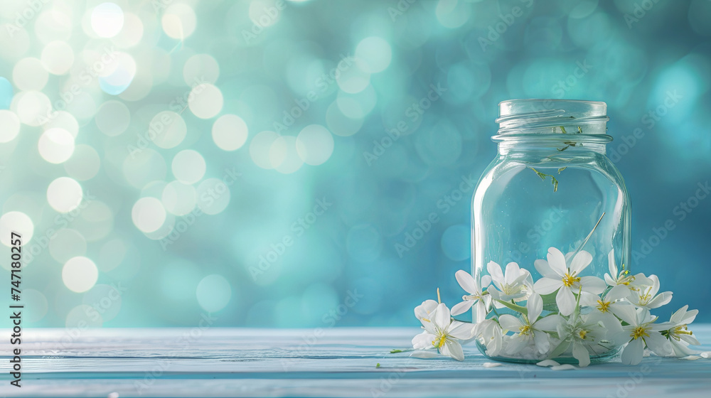 Delicate blue bokeh background with flowers in a glass vase Delicate blue bokeh background with flowers in a glass vase