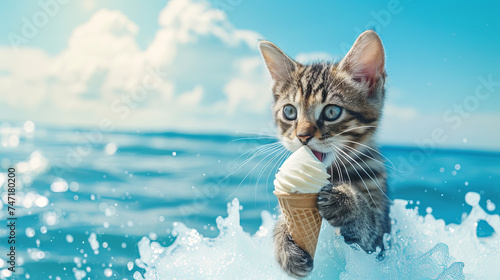 On a warm day by the seashore, a cat enjoys indulging in a tasty ice cream cone