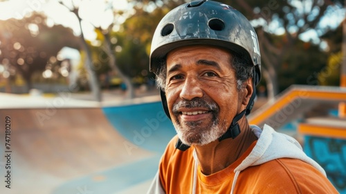 An older man with a gray beard and mustache wearing a black helmet with a visor and an orange shirt. He is smiling and appears to be at a skate park with a skateboard ramp in the background.