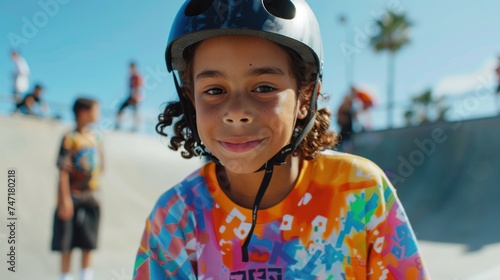 A young skateboarder at a skate park wearing a colorful tie-dye shirt and a black helmet smiling at the camera.