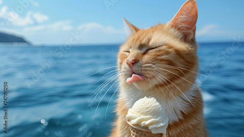 A cat eats a delicious ice cream cone on the seashore on a hot day photo