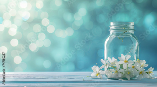 Delicate blue bokeh background with flowers in a glass vase