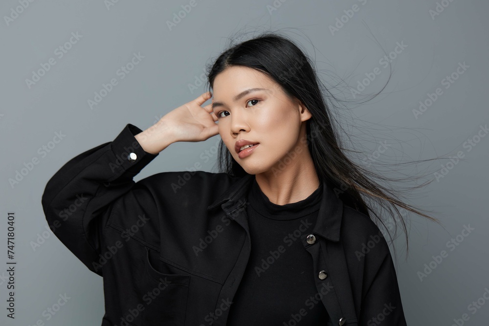 Woman grey beauty background healthy face portrait smile skin fashion asian girl Woman grey beauty background healthy face portrait smile skin fashion asian girl