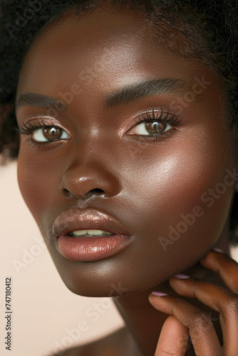 Glowing Skin and Striking Features of a Young african american Woman with Dark Brown Eyes and Glossy Lips in a Close-Up Beauty Portrait