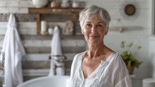 A woman with short gray hair wearing a white blouse standing in a bathroom with a wooden wall and a potted plant in the background.