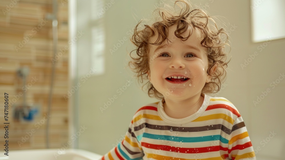 Happy child with curly hair smiling in a colorful striped shirt enjoying a bath with water splashing around.