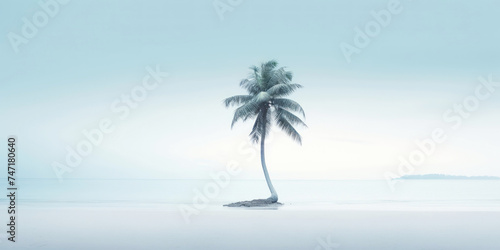 One lonely palm tree on a white beach. Calm sae with mist. Tranquil seashore landcsape. Generative AI © AngrySun