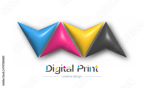 Abstract 3d digital or photo printing logo. Vector template of a brand, logo, sticker or sticker. The idea of creative design and thematic design