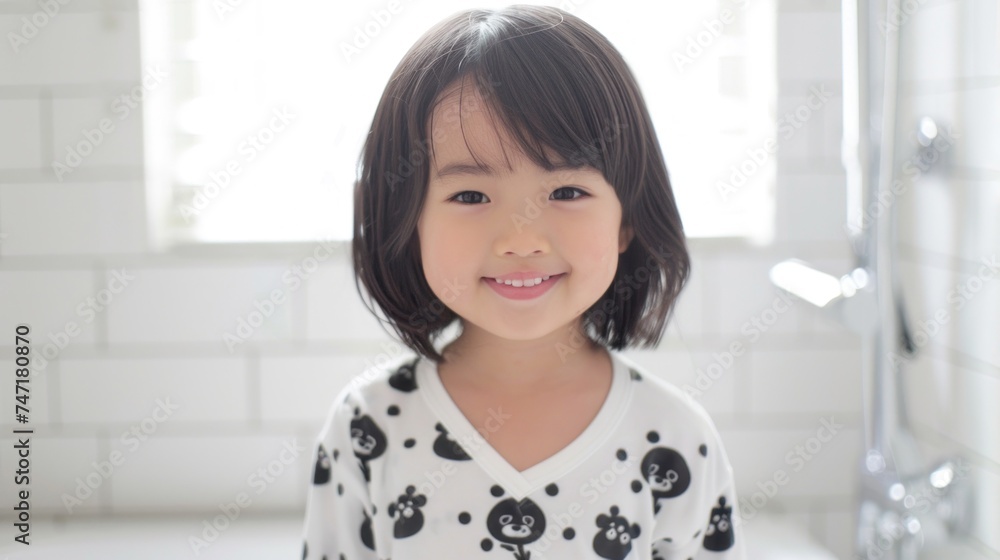 A young girl with dark hair wearing a white shirt with black animal prints smiling in a bathroom with white tiles.