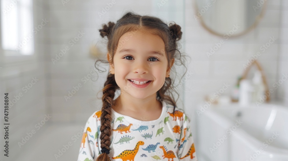 A young girl with braided hair wearing a dinosaur-themed shirt smiling in a bathroom with a white bathtub and a mirror in the background. A young girl with braided hair wearing a dinosaur-themed shirt smiling in a bathroom with a white bathtub and a mirror in the background.
