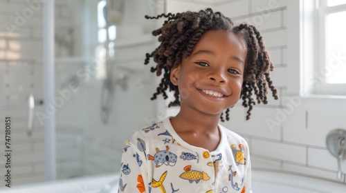 Smiling child with curly hair in a white tiled bathroom.
