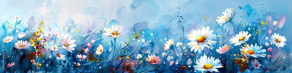 A vector artistic works of a spring and summer backdrop with a watercolors daisy bloom and space, Generative AI. - obrazy, fototapety, plakaty 