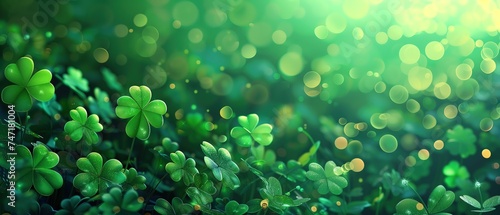 St Patrick's Day theme abstract background, flour leaf, shamrock leaf with glitter glow light dreamlike atmosphere, Generative Ai
