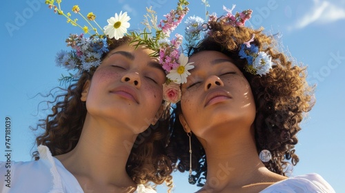 Two women with closed eyes adorned with floral crowns against a clear blue sky evoking a sense of tranquility and natural beauty.