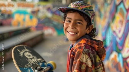 Young skateboarder with a vibrant smile wearing a colorful cap and a plaid hoodie standing in front of a vibrant graffiti wall.