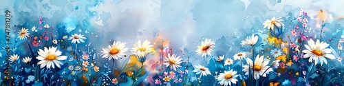 A vector artistic works of a spring and summer backdrop with a watercolors daisy bloom and space  Generative AI.