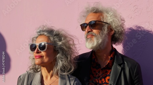 Two older adults with gray hair and sunglasses standing close together smiling against a pink wall.