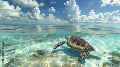 A turtle from the Seychelles swims in the turquoise ocean of the island