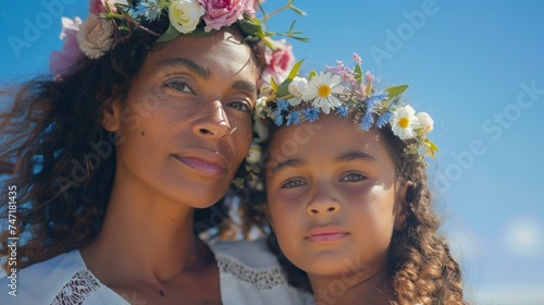 A mother and daughter wearing floral crowns sharing a moment of joy against a clear blue sky.