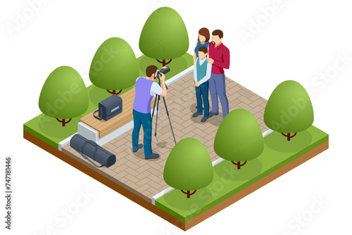 Isometric Professional photographer taking photos of the family in the park. Family being photographed for family portrait
