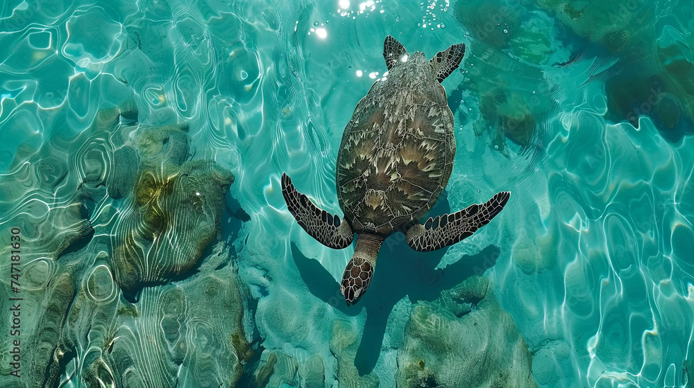 A turtle from the Seychelles swims in the turquoise ocean A turtle from the Seychelles swims in the turquoise ocean