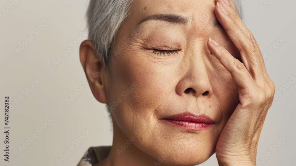 A close-up of an elderly Asian woman with closed eyes resting her hand on her forehead conveying a sense of contemplation or weariness.