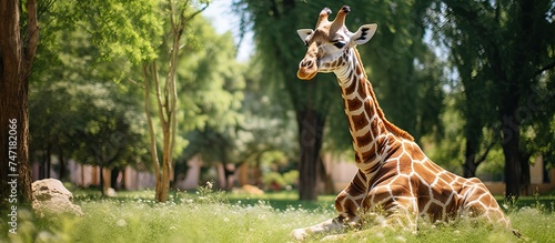 A giraffe with its long neck and spotted coat is seen sitting in a field of tall green grass. The giraffe appears calm and relaxed as it rests in its natural habitat. photo