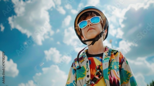 Young boy in colorful shirt and blue sunglasses looking up at the sky with a helmet on.
