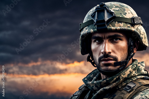 Close-up of focused turkish soldier in camo attire with helmet against dusky sky, confident look. Serious soldier from Turkey in camouflage gear. Military war concept. Copy ad text space. Generate Ai © Alex Vog