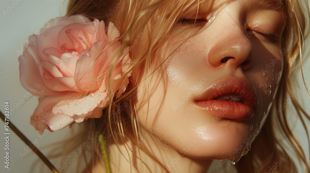 A close-up of a woman's face with closed eyes her skin glistening with water droplets and a single pink rose petal resting on her cheek. A close-up of a woman's face with closed eyes her skin glistening with water droplets and a single pink rose petal resting on her cheek.