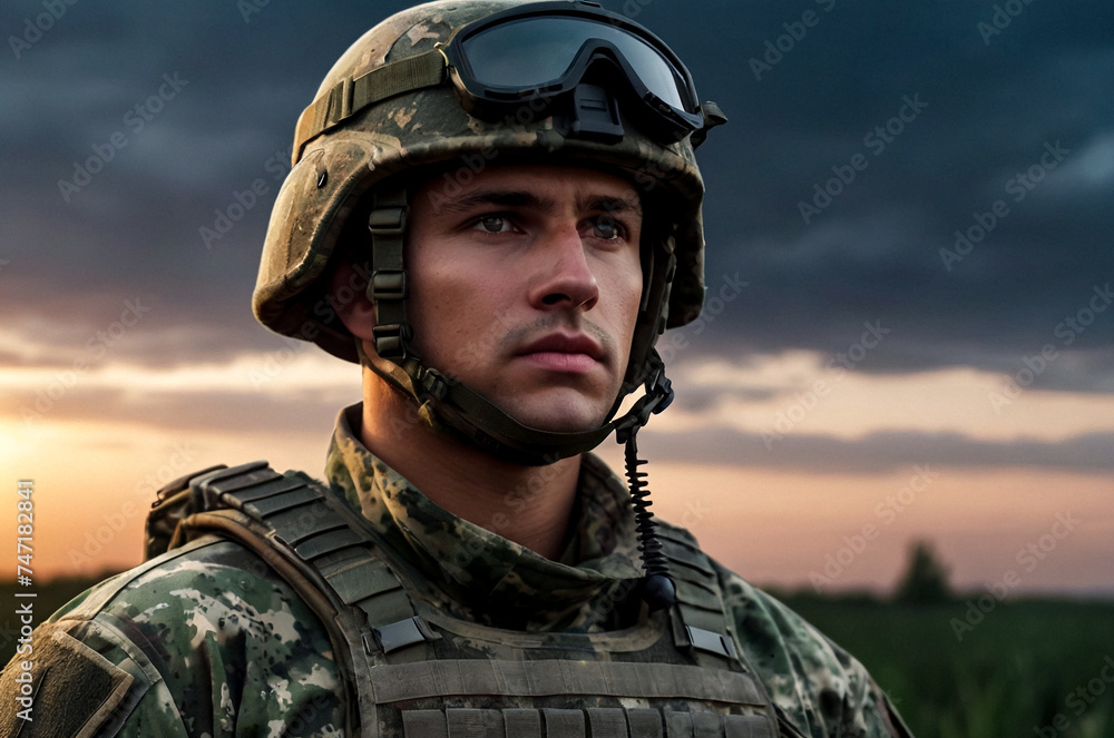 Close-up of focused ukrainian soldier in camo attire with helmet against dusky sky, confident look. Serious Ukraine soldier in camouflage gear. Military war concept. Copy ad text space. Generate Ai