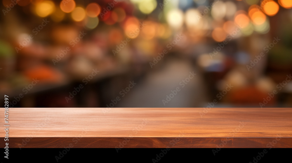 Empty wooden tabletop at market background	
