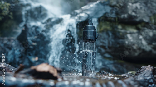 robuste Trinkflasche für Outdoor Aktivitäten an einem Wasserfall auf einem Stein stehend Generative AI