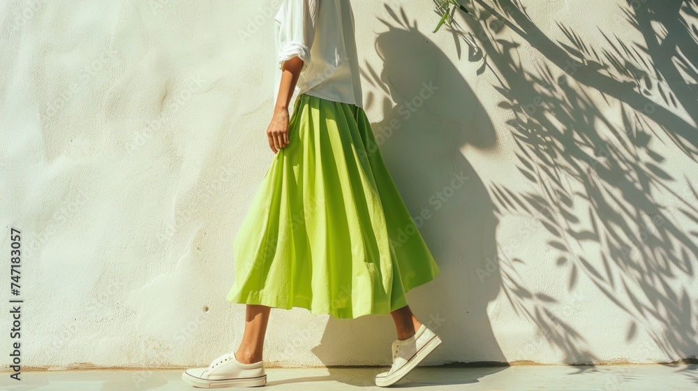 A person in a white shirt and a bright green midi skirt standing in front of a white wall with shadows of leaves cast on it. - obrazy, fototapety, plakaty 